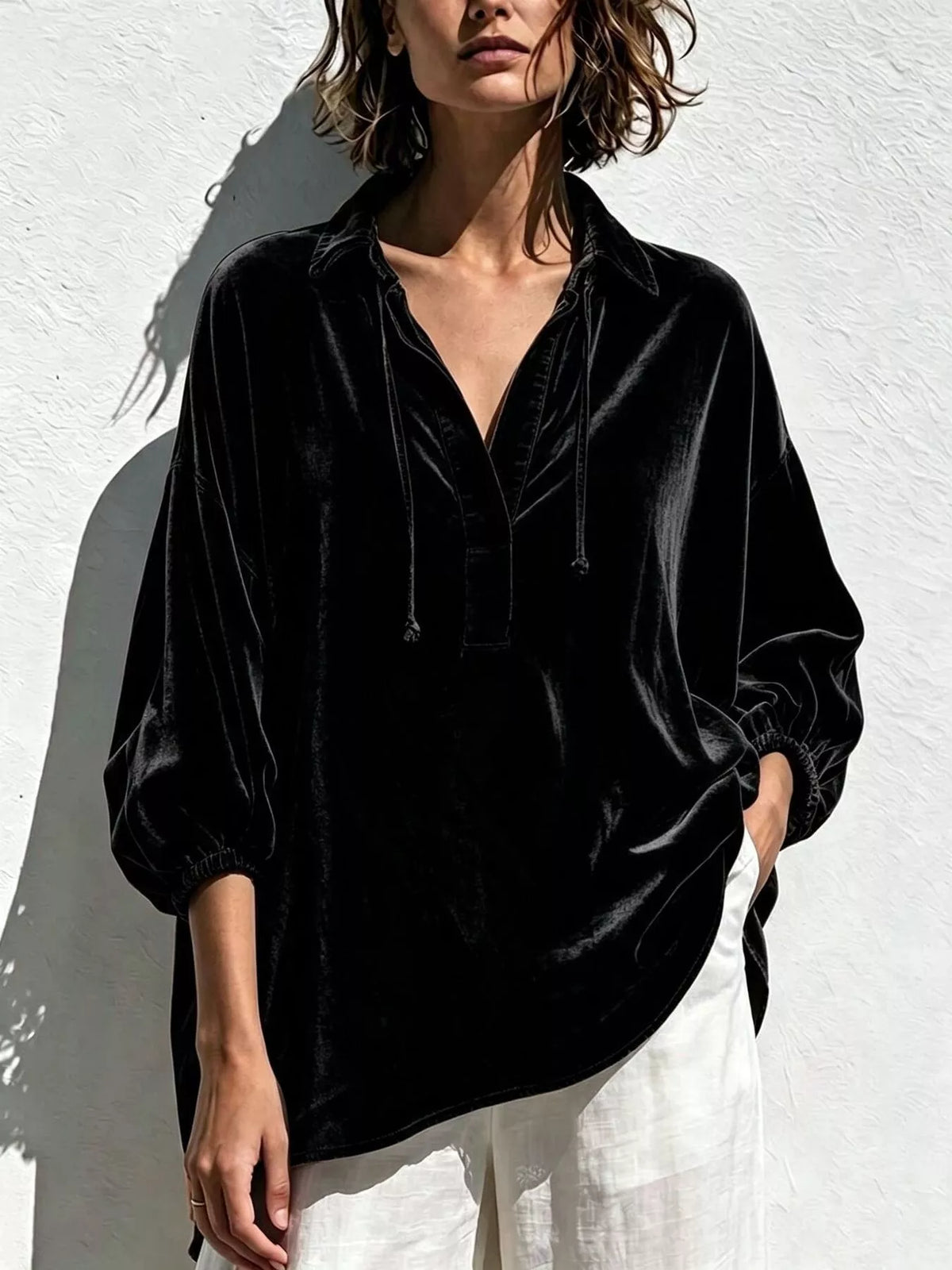 Full Size Oversized Velvet Collared Neck Drawstring Blouse Plus Size in Black