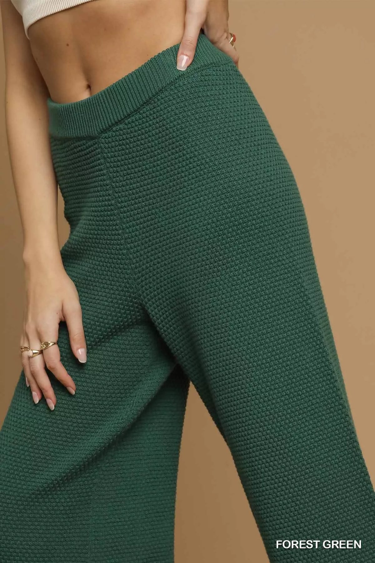 Umgee Textured Knit Wide Leg Pants in Forest Green, view 5