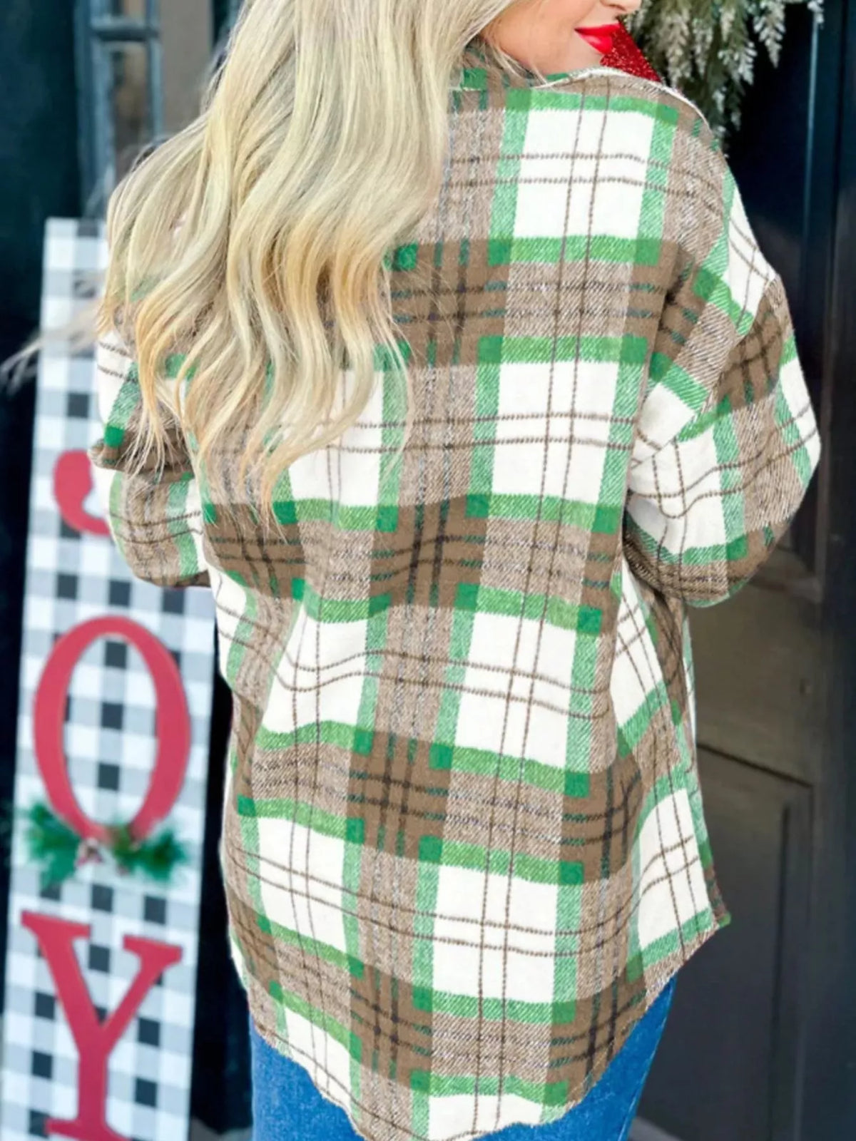 Plaid Button-Down Long Sleeve Shacket, view 6