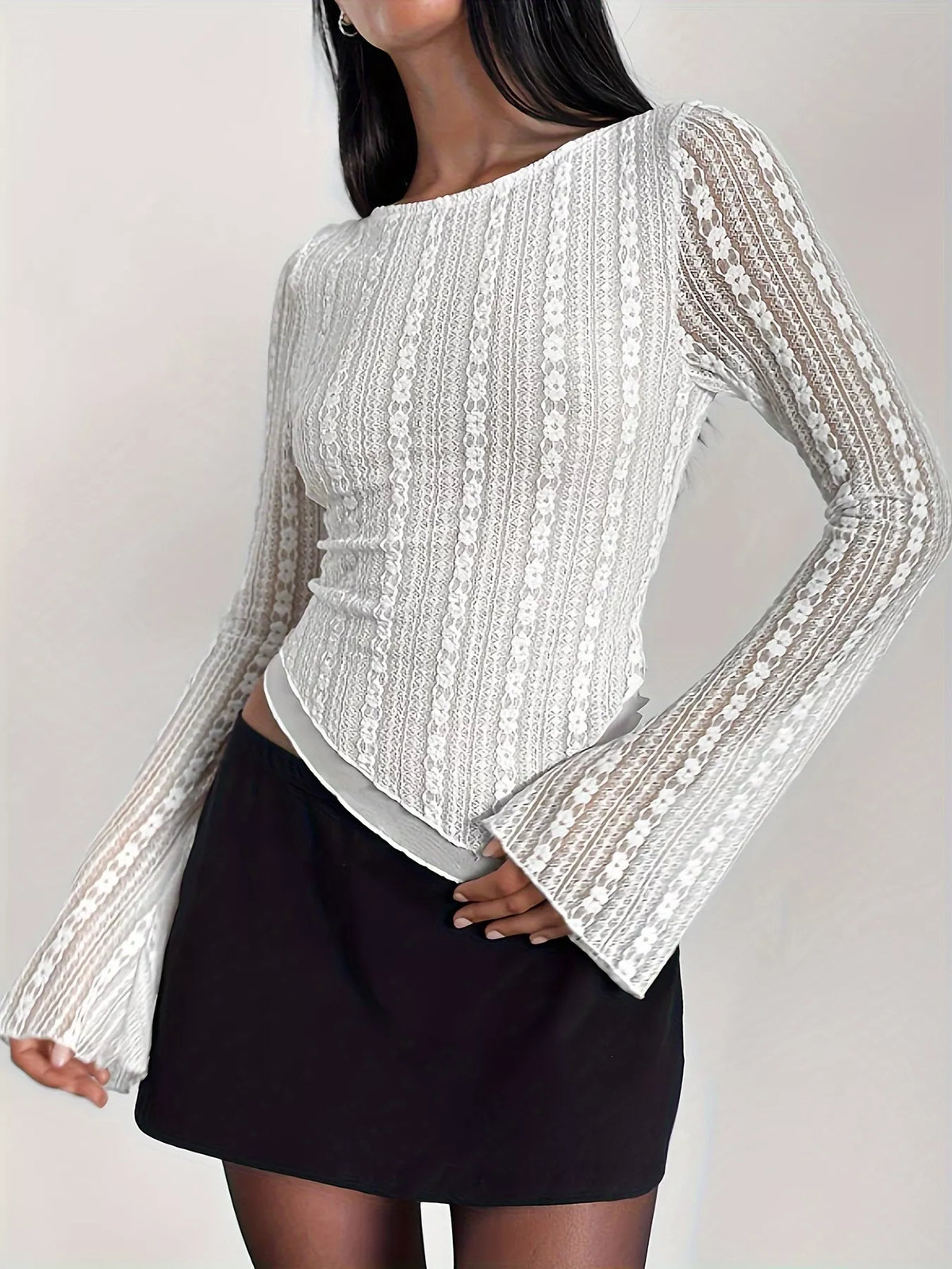 Lace Long Sleeve Blouse with Asymmetrical Hem - Lilixa.store