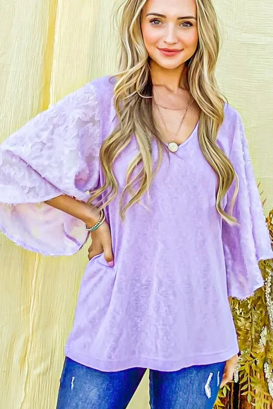 And The Why Feather Detailed 3/4 Sleeve Slub Top in Lilac, view 8