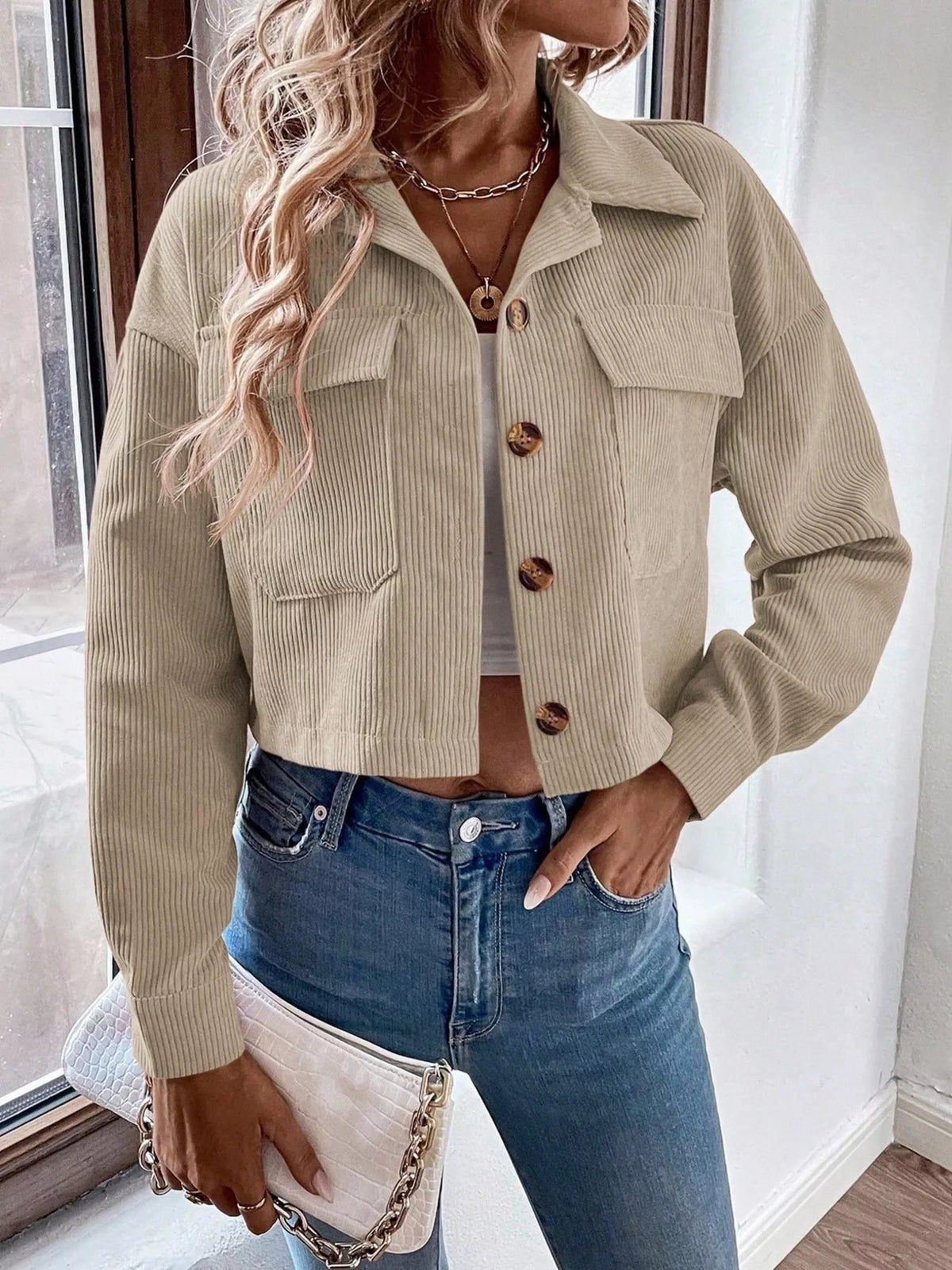 Cropped Corduroy Button-Down Jacket