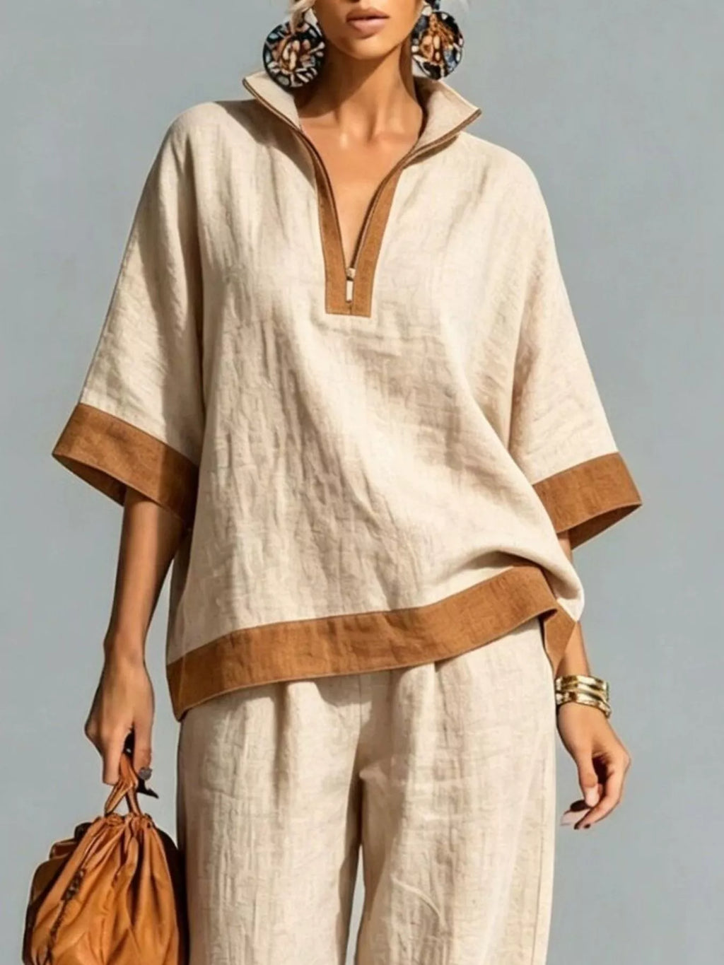 Full Size Contrast Trim Top and Wide Leg Pants Set Plus Size - Lilixa.store