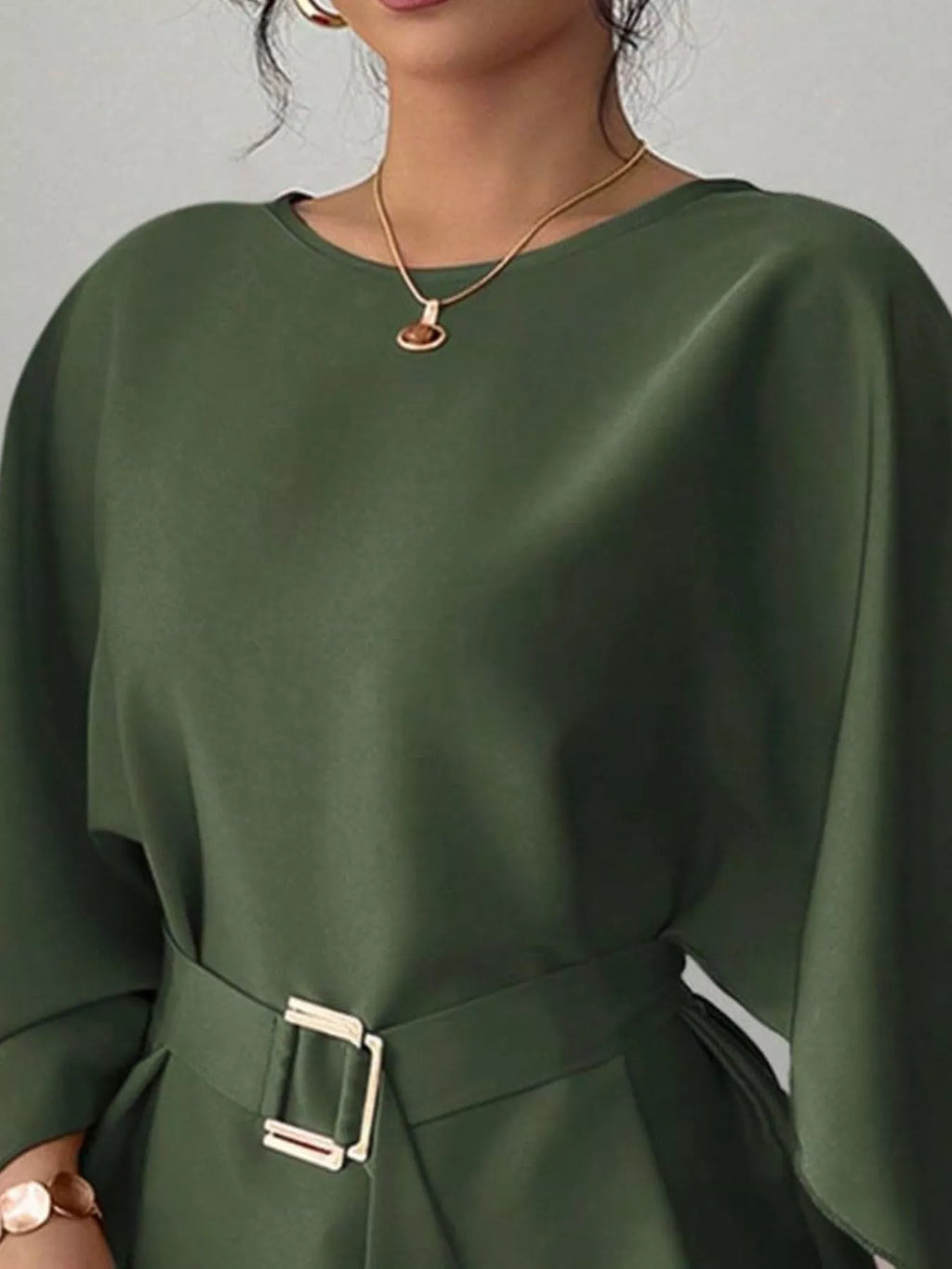 Round Neck Belt Batwing Sleeve Blouse - Lilixa.store