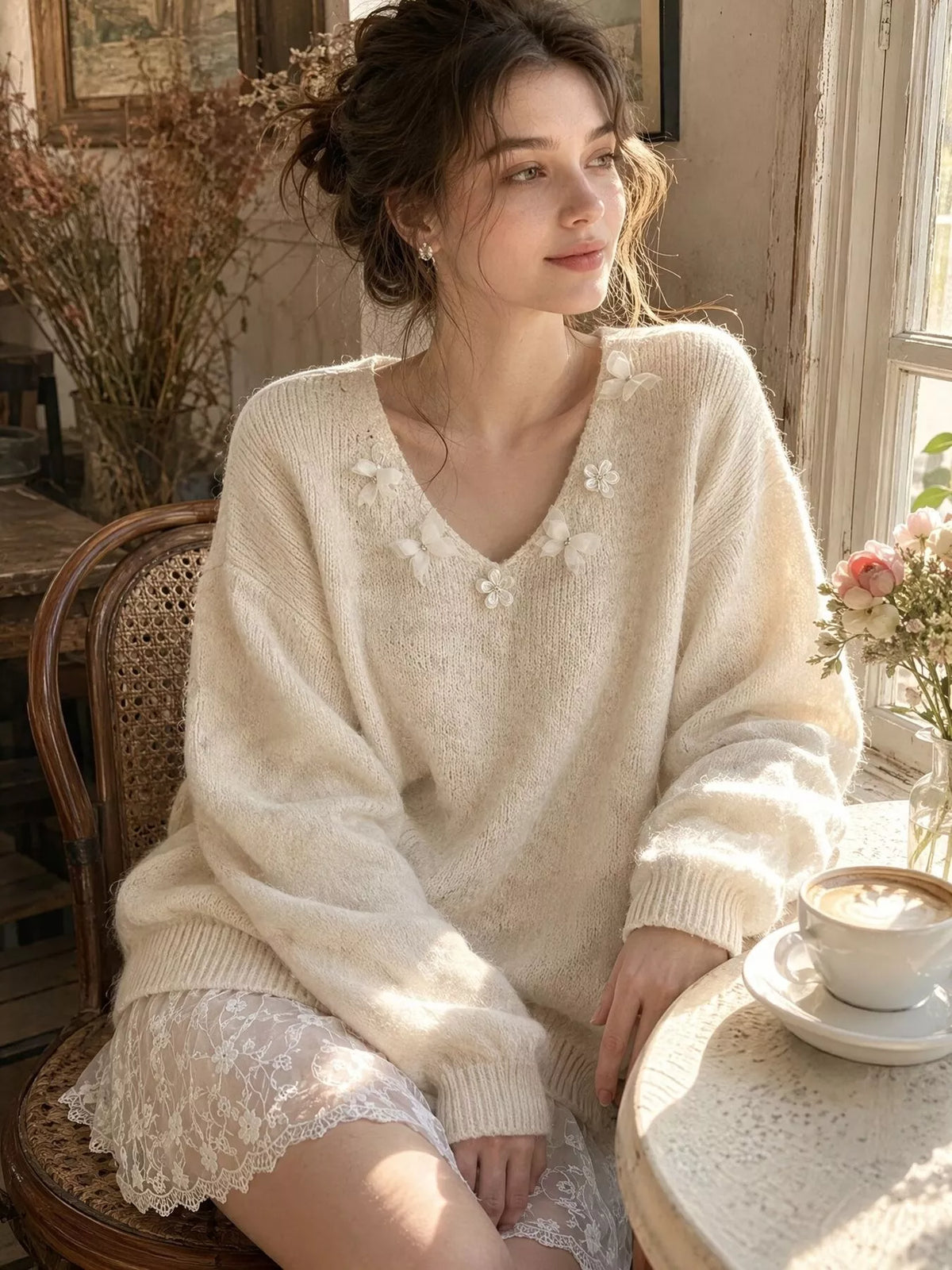 V-Neck Floral Applique Lace Hem Sweater in Apricot Color