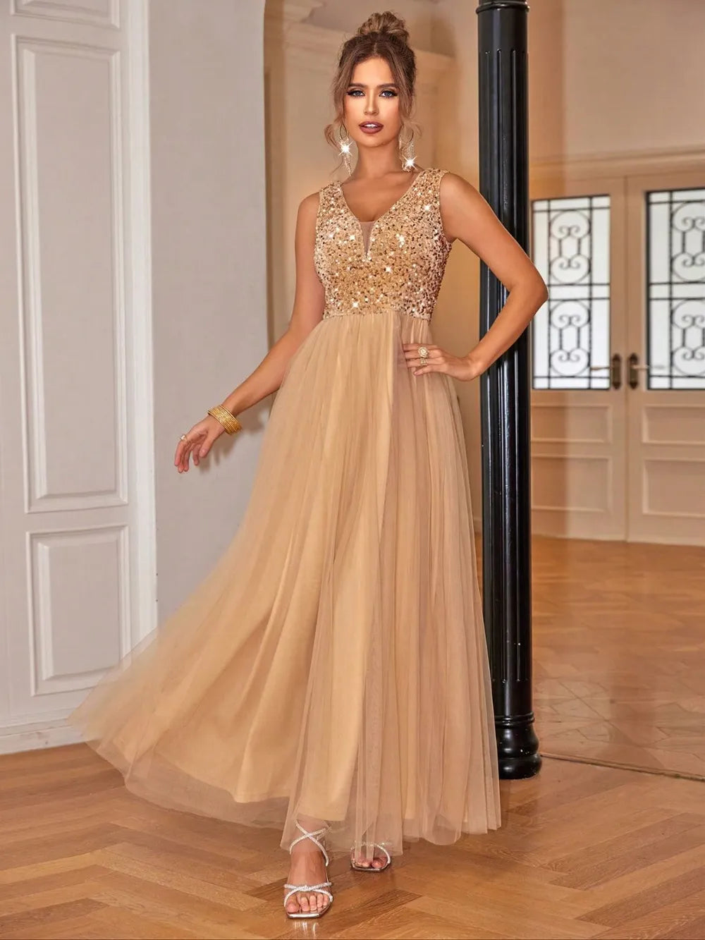 Sequin V-Neck Sleeveless Dress - Lilixa.store