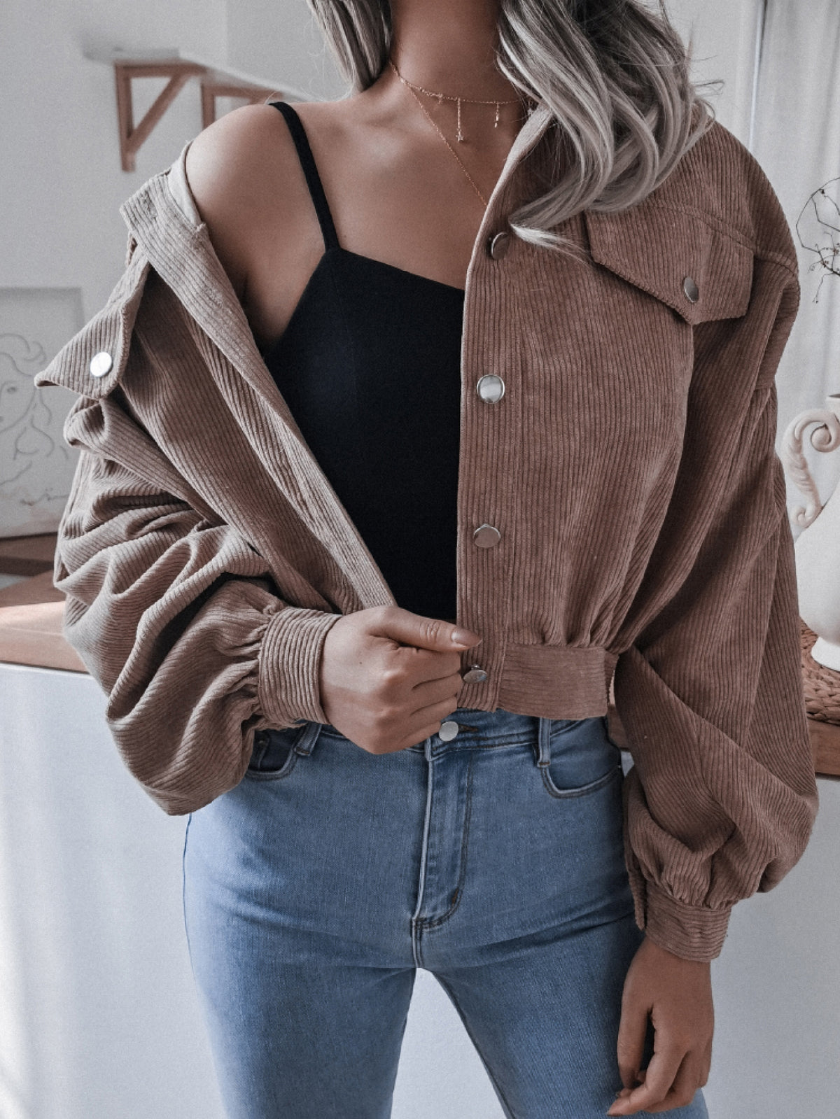 Lantern Sleeve Cropped Corduroy Jacket, view 6