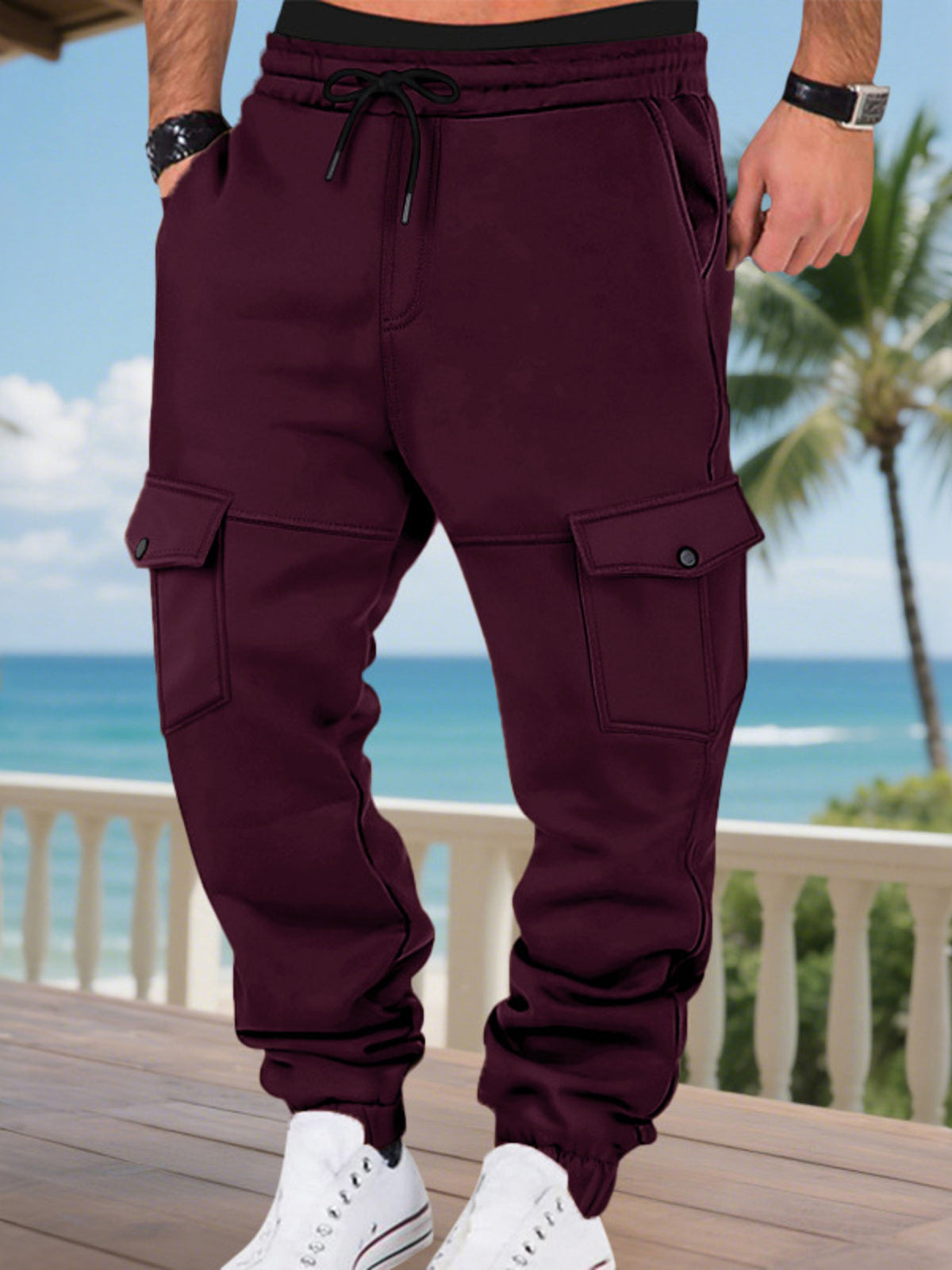 Men's Full Size Cargo Joggers with Multi-Pockets Plus Size in Burgundy