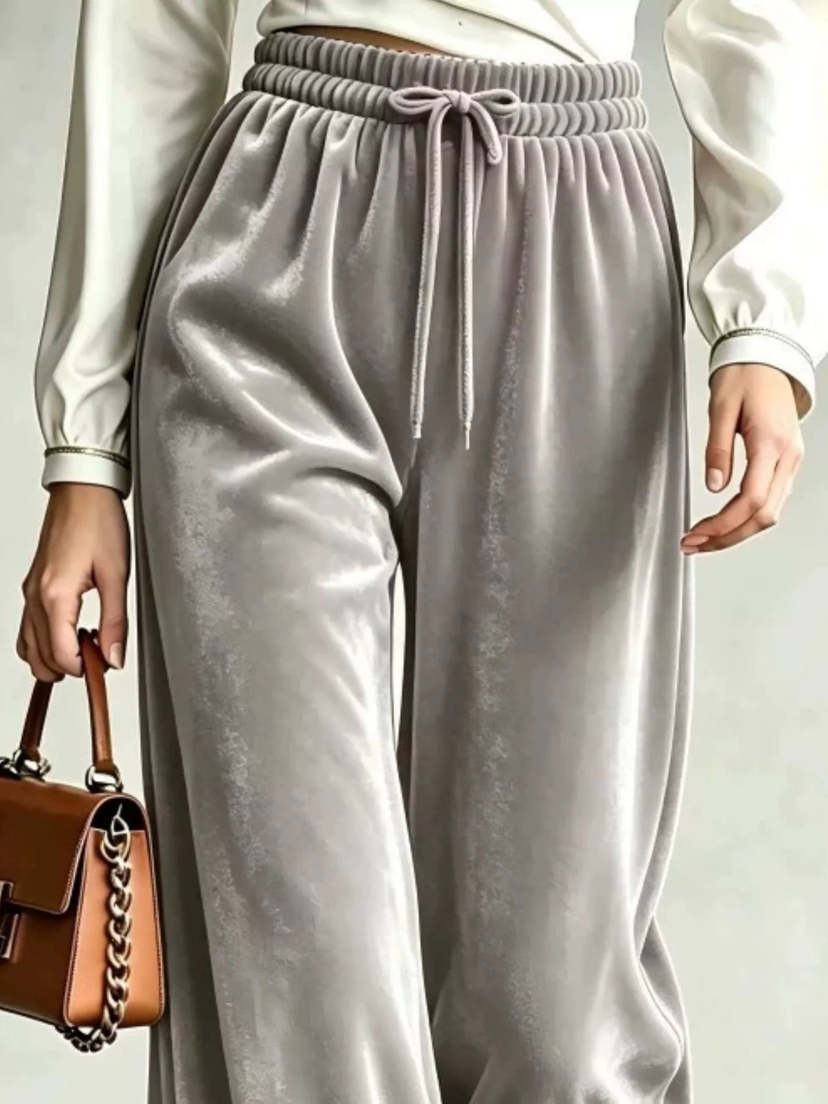 Velvet Wide-Leg Pants with Drawstring - Lilixa.store