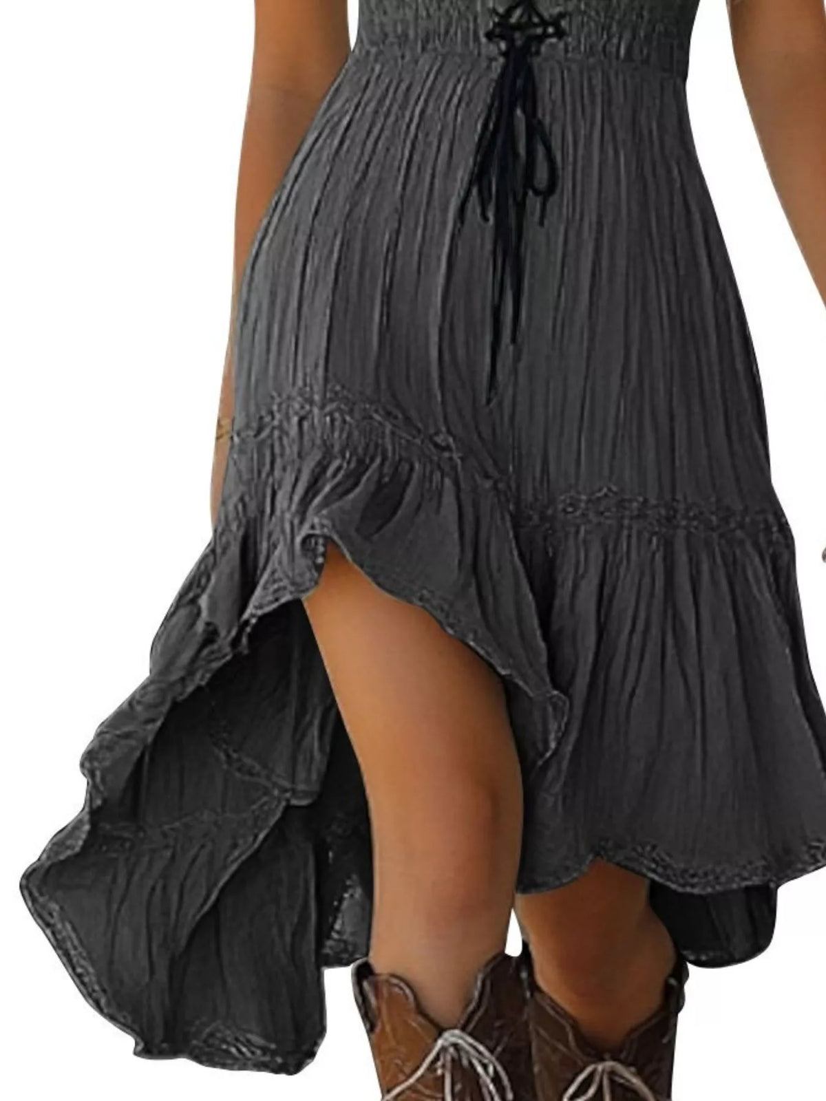 Lace-Up Front High-Low Ruffle Hem Dress, view 7
