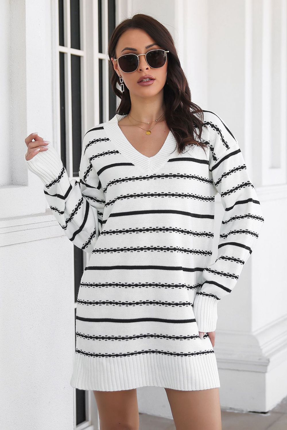 Striped V-Neck Sweater Dress, view 2