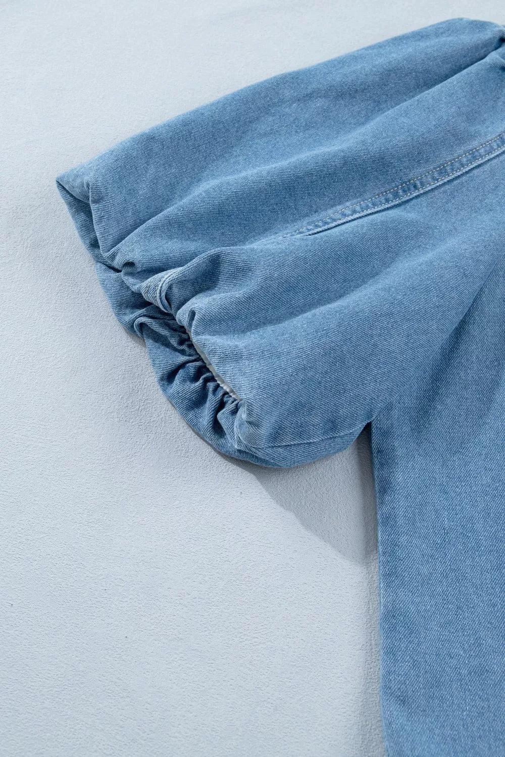 Button Down Short Puff Sleeve Ruffle Hem Denim Dress in Light Blue, view 12