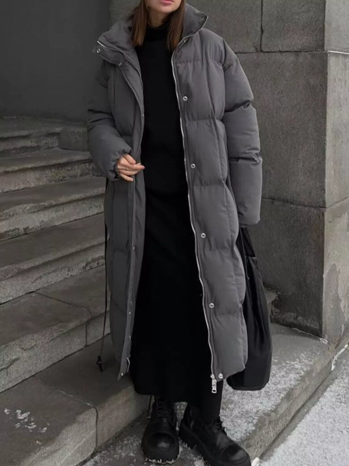 Longline Padded Winter Coat with Belted in Dark Gray