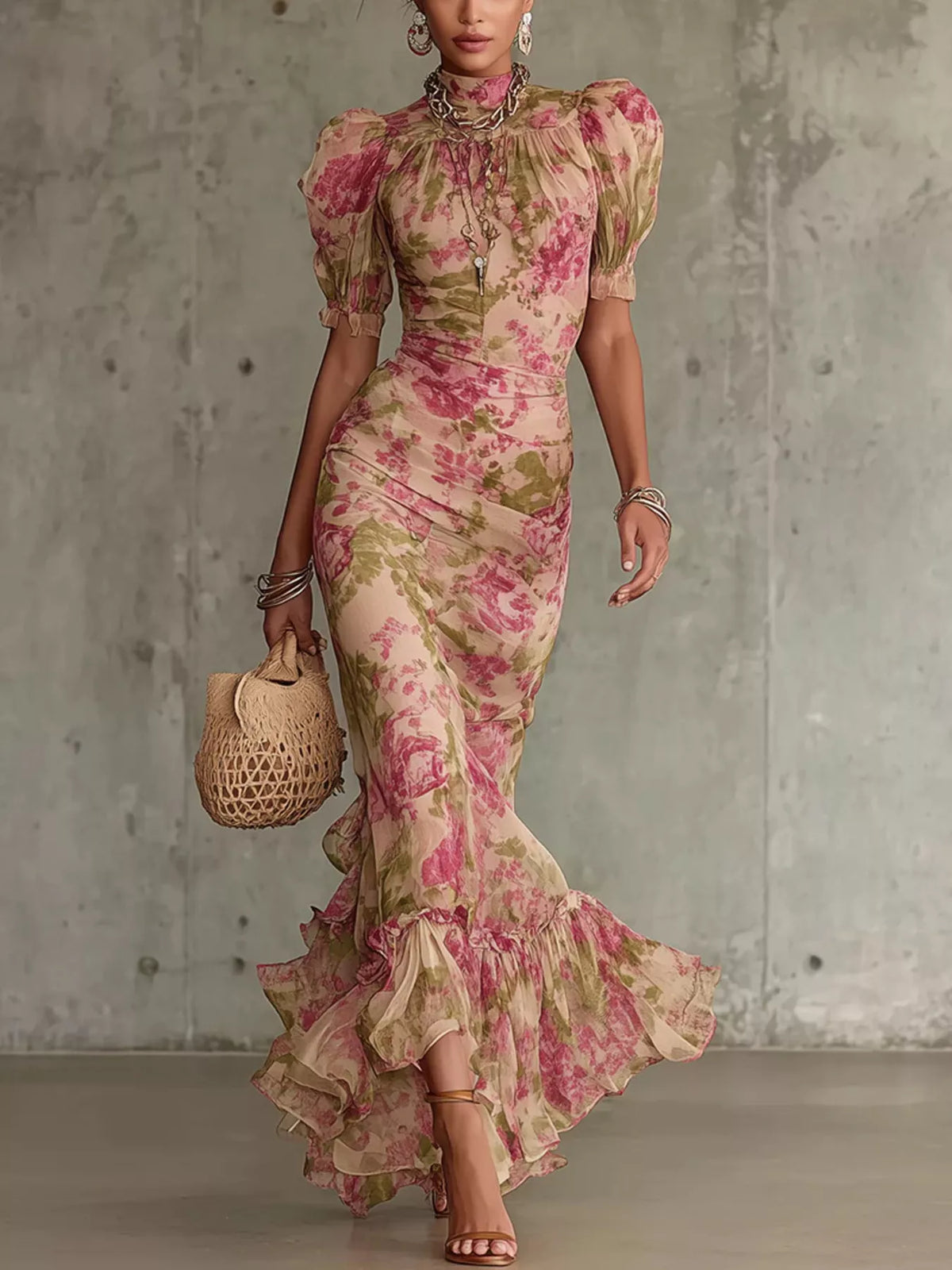Floral Print High-Neck Puff Sleeve Ruffle Hem Maxi Dress