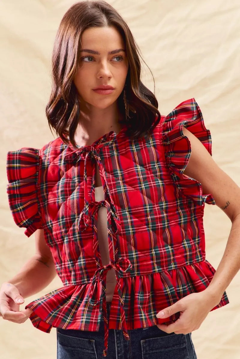 SO ME Christmas Holiday Plaid Ruffled Quilt Vest Top - Lilixa.store