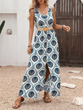 Printed Slit Sleeveless Maxi Dress in Blue