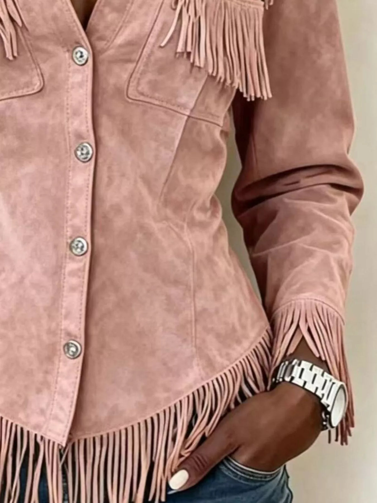 Full Size Fringed Snap Down Jacket Plus Size