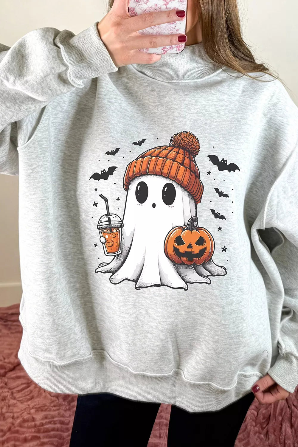 Reversible Halloween Graphic Mock Neck Tunic Sweatshirt - Lilixa.store