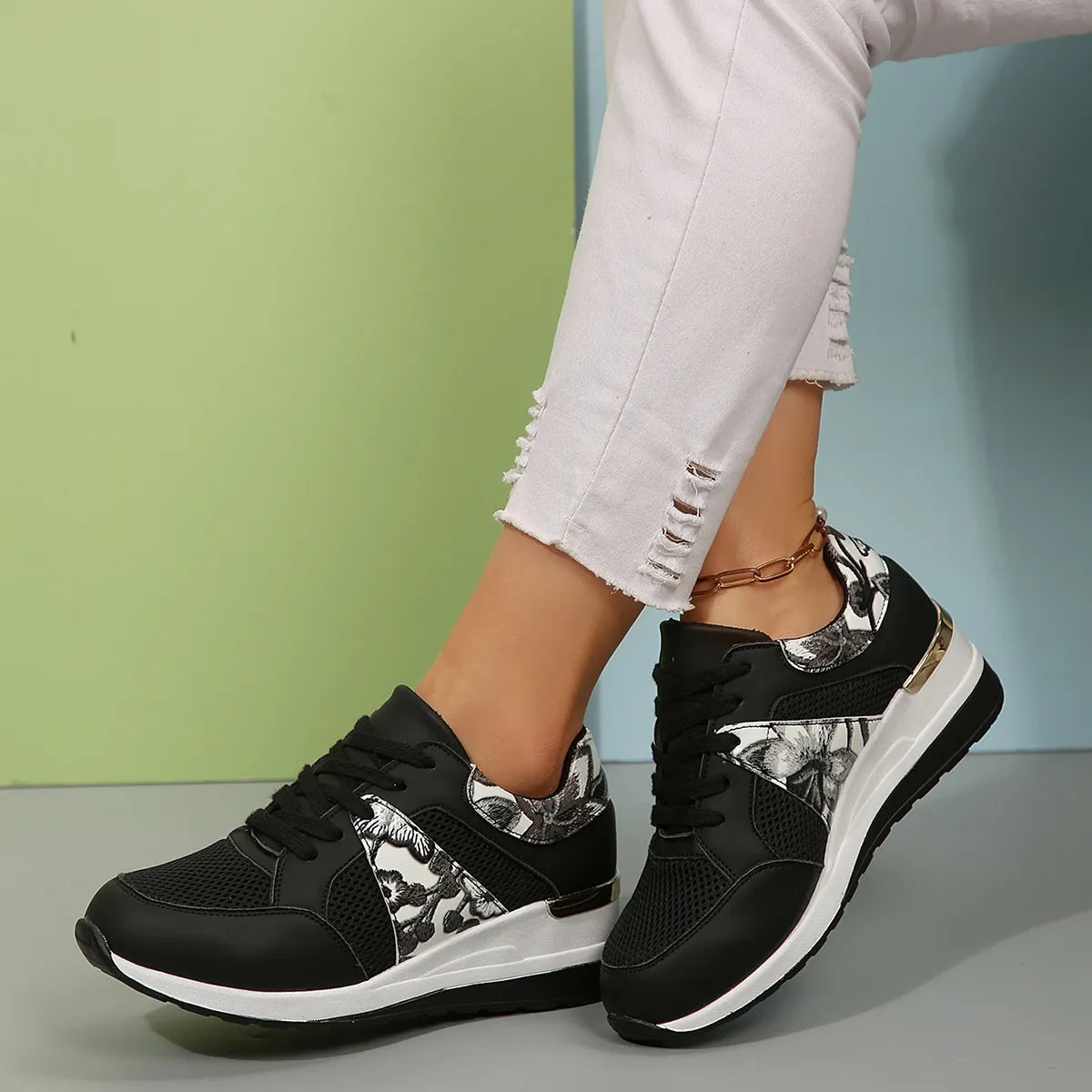 Floral Mesh Wedge Athletic - Lilixa.store