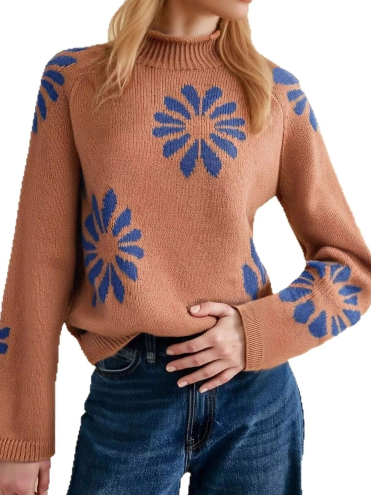 Flower Mock Neck Raglan Sleeve Sweater - Lilixa.store