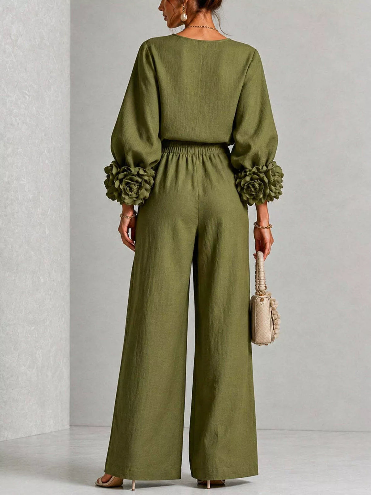 Full Size Floral Cuffs Top and Wide Leg Pants Set Plus Size