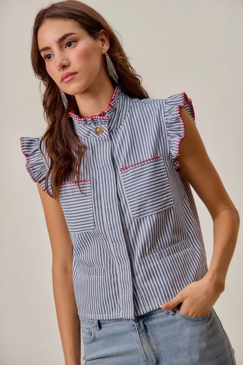SO ME Stripe Twill Stitch Ruffled Hidden Button Vest Top - Lilixa.store