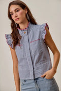 SO ME Stripe Twill Stitch Ruffled Hidden Button Vest Top - Lilixa.store