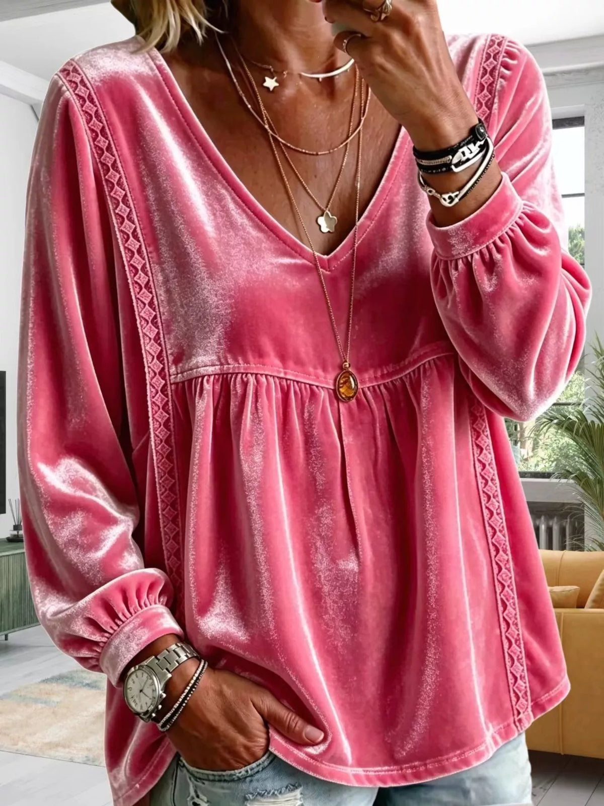 Full Size Velvet Lace Detail V-Neck Blouse Plus Size - Lilixa.store