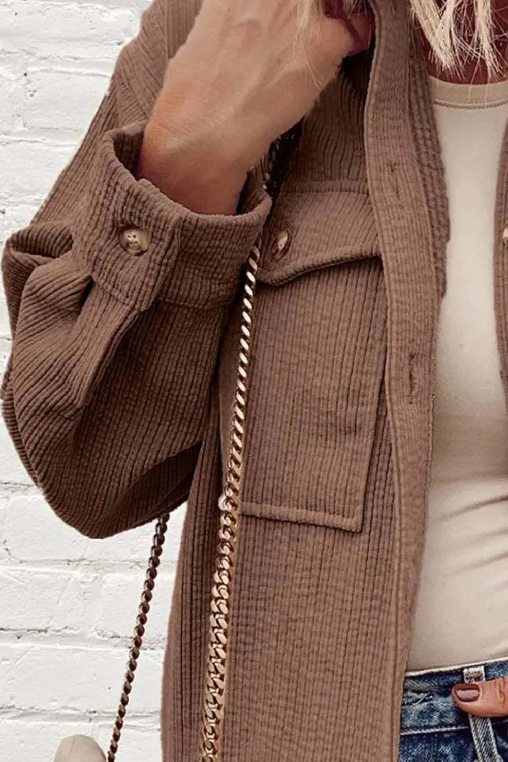 Pocketed Button Up Dropped Shoulder Shacket, view 2