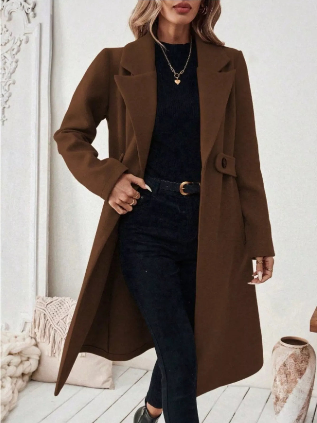 Full Size Elegant Lapel Collar Belted Coat with Pockets Plus Size, view 6