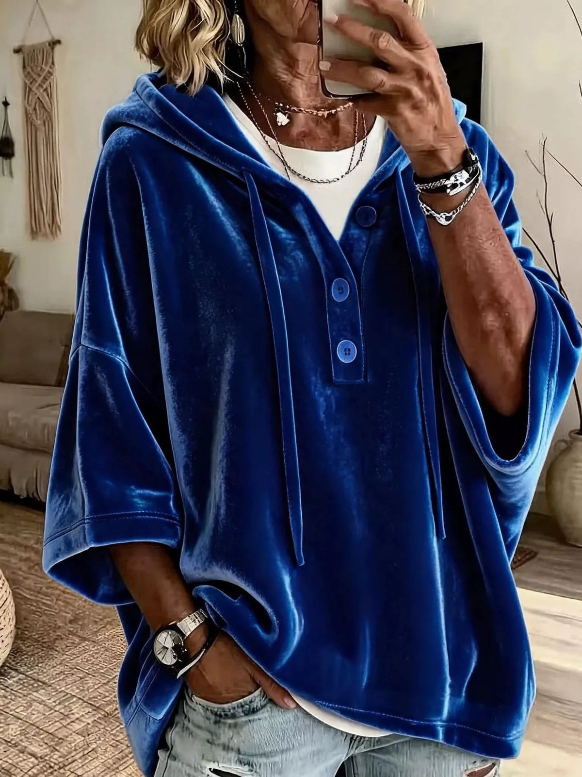 Full Size Velvet Button Detail Drawstring Hoodie Plus Size in Dark Blue