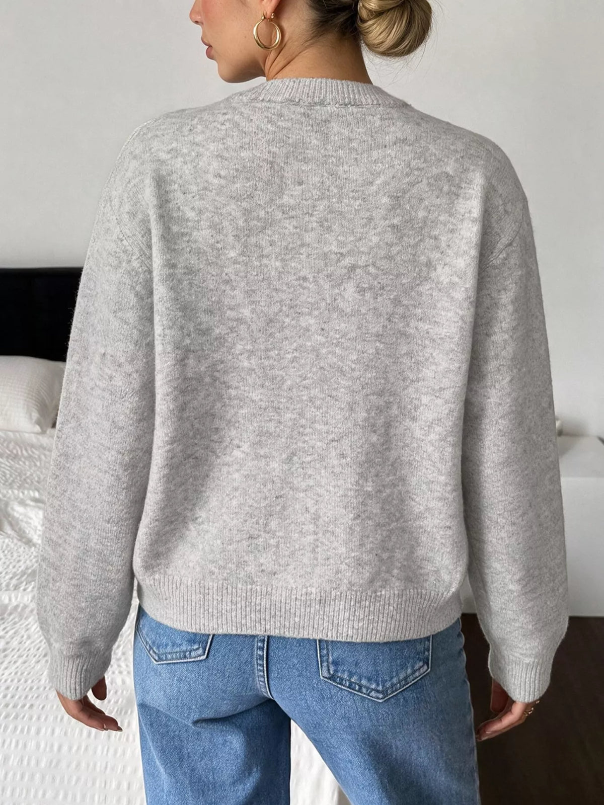 Crew Neck Button-Down Cardigan in Gray/white, view 14