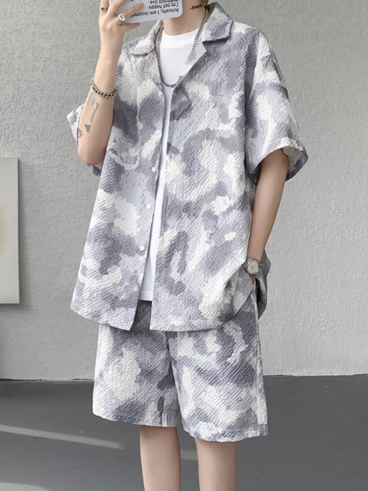 Men's Plus Size Casual Camouflage Print Shirt & Shorts Set, view 3