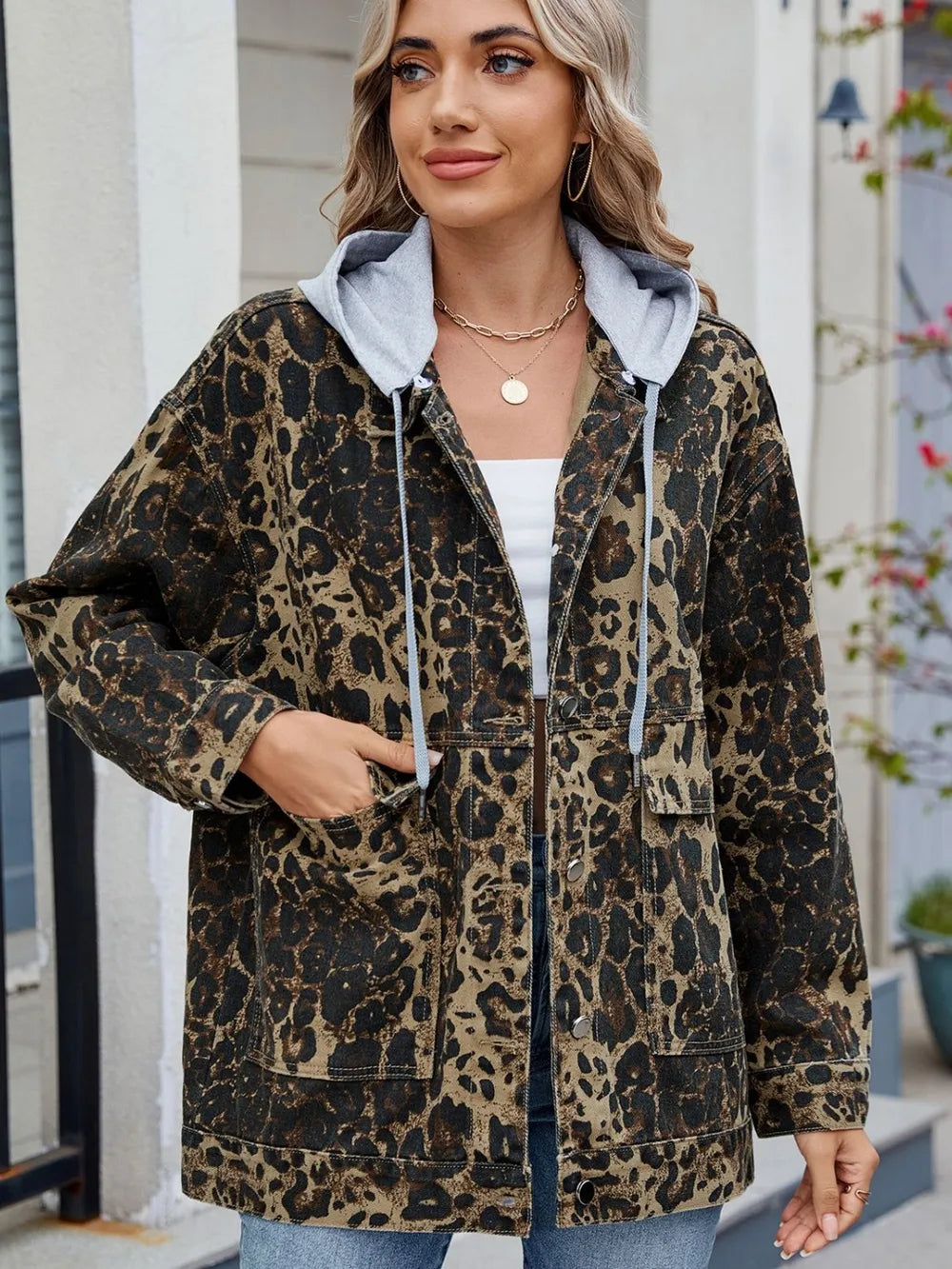 Leopard Button Up Drop Shoulder Denim Jacket, view 6