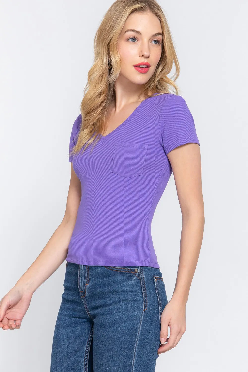 ACTIVE BASIC V-Neck Ribbed Short Sleeve Knit T-Shirt - Lilixa.store