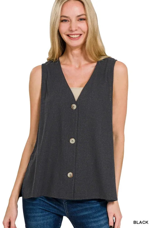 Zenana Side Slit Button-Front Vest in Black