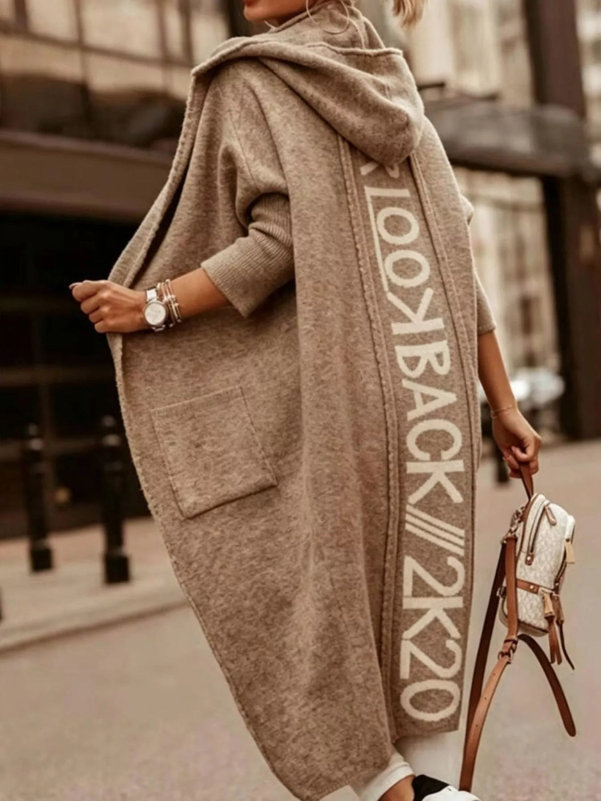 Full Size Letter Back Hooded Cardigan Plus Size