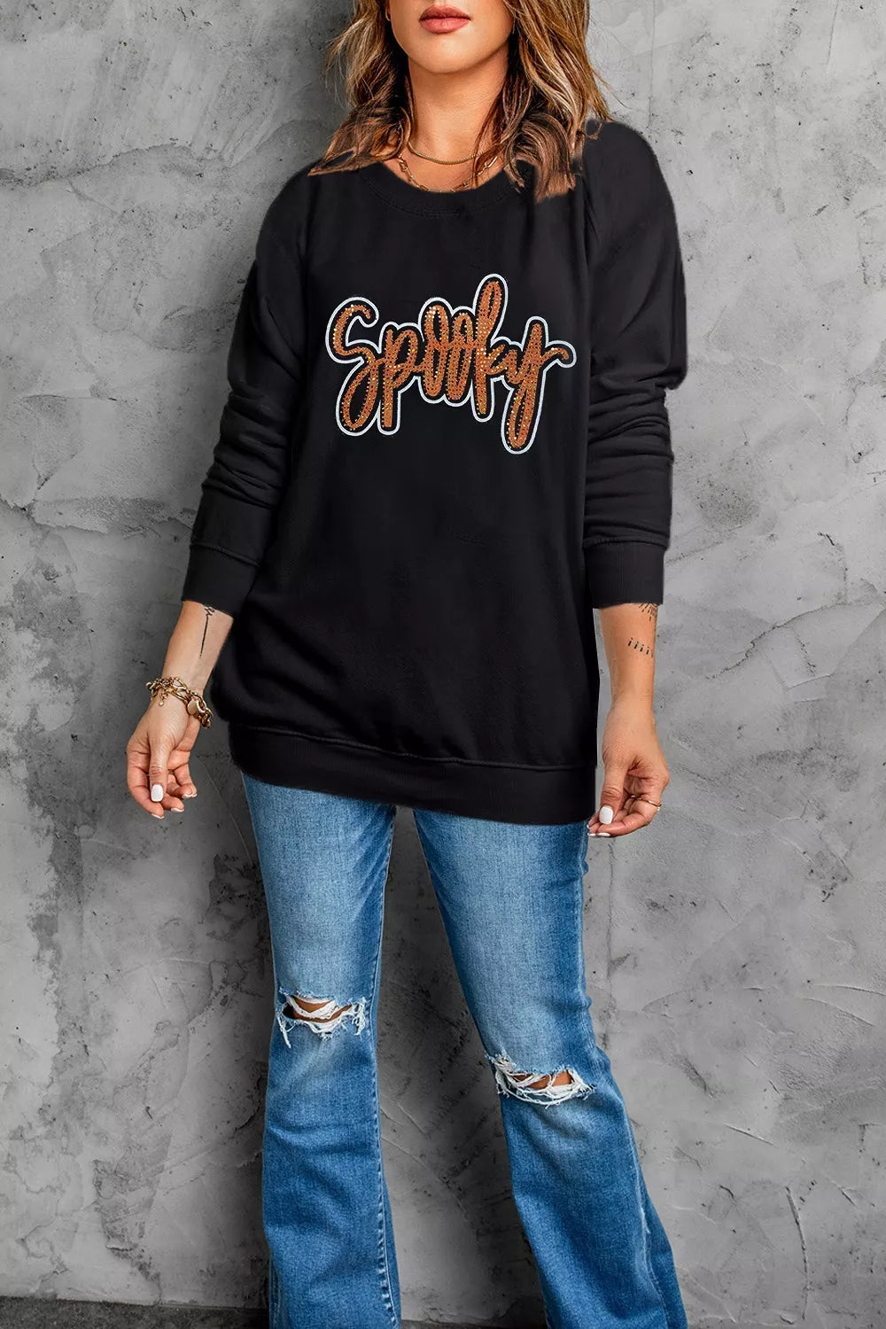Spooky Rhinestone Drop Shoulder Sweatshirt - Lilixa.store