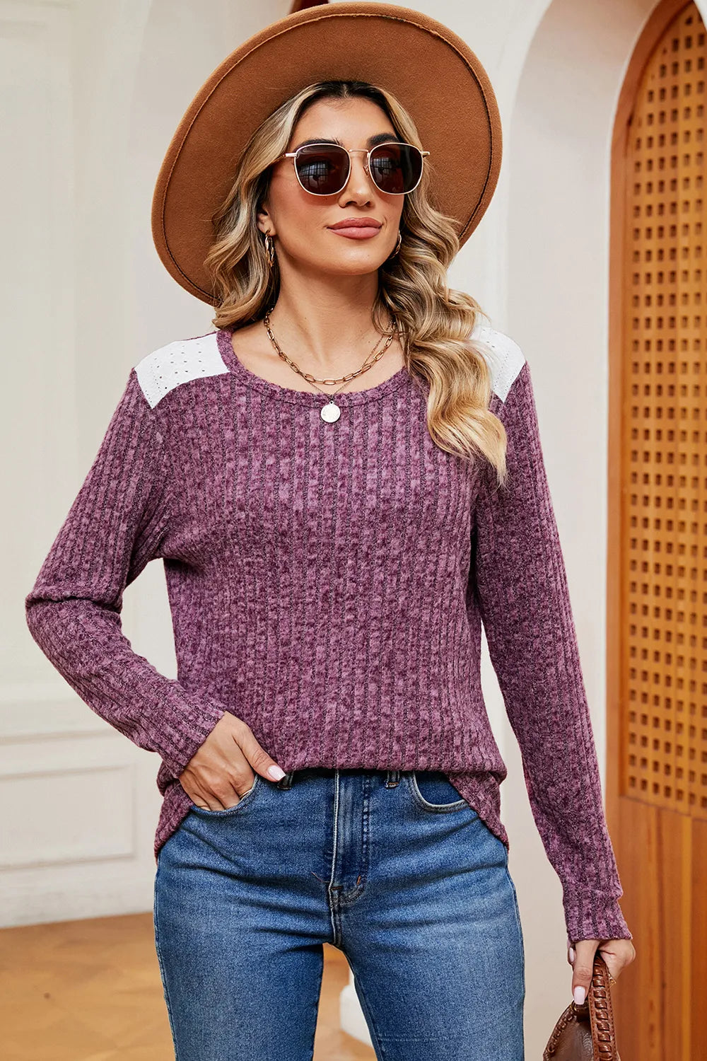 Eyelet Ribbed Round Neck Long Sleeve T-Shirt - Lilixa.store