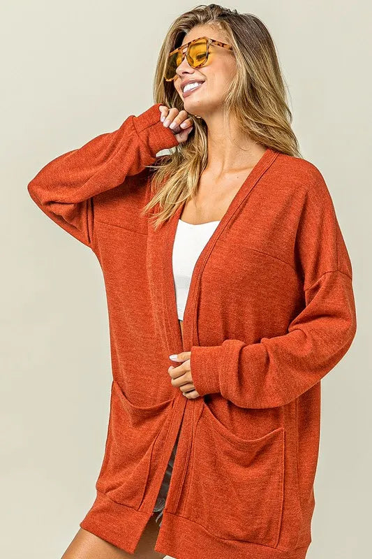 BiBi Open Front Drop Shoulder Cardigan with Pockets in Orange-Red, view 5