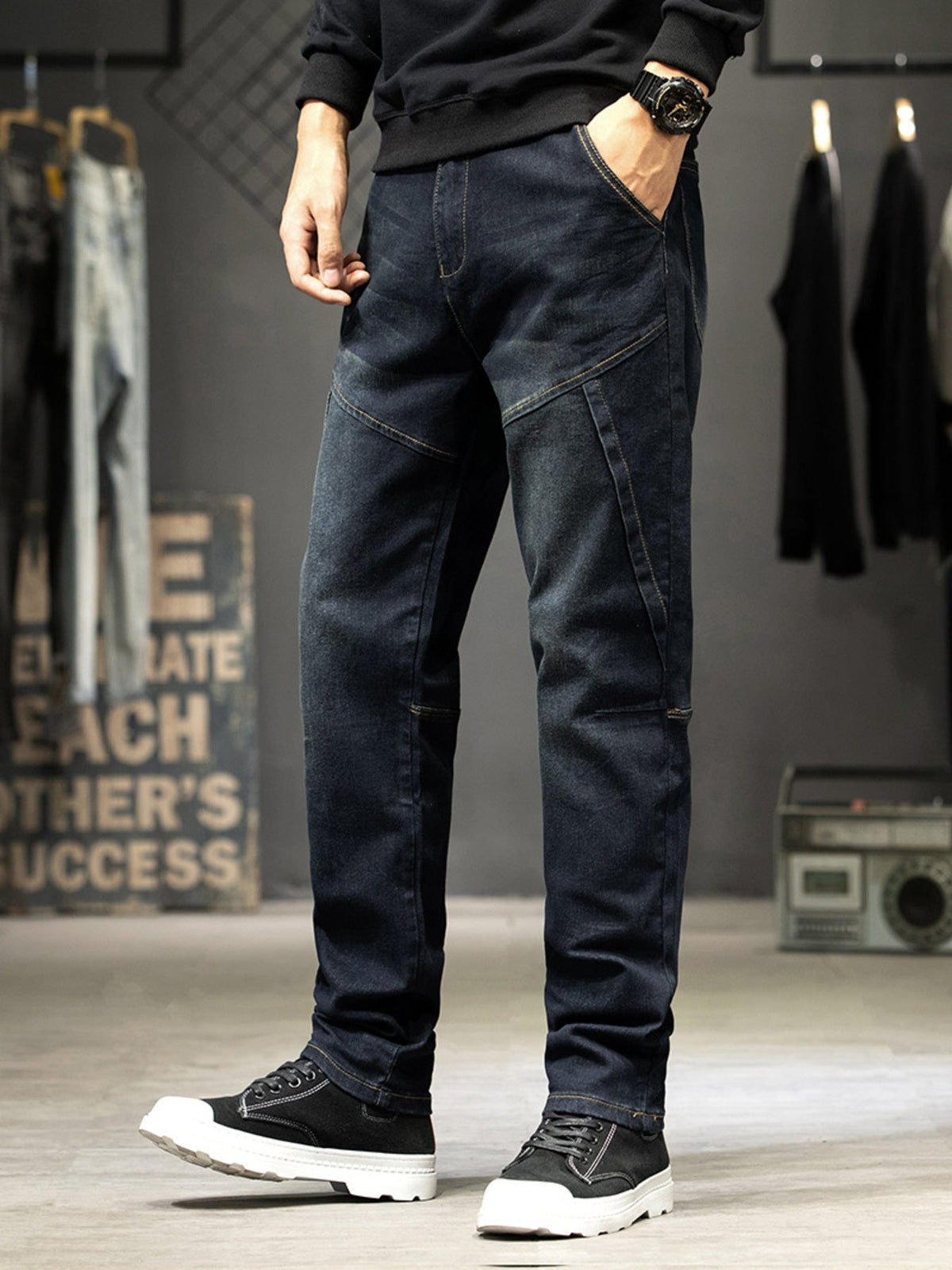 Men's Slim-Fit Paneled Washed Jeans in Black