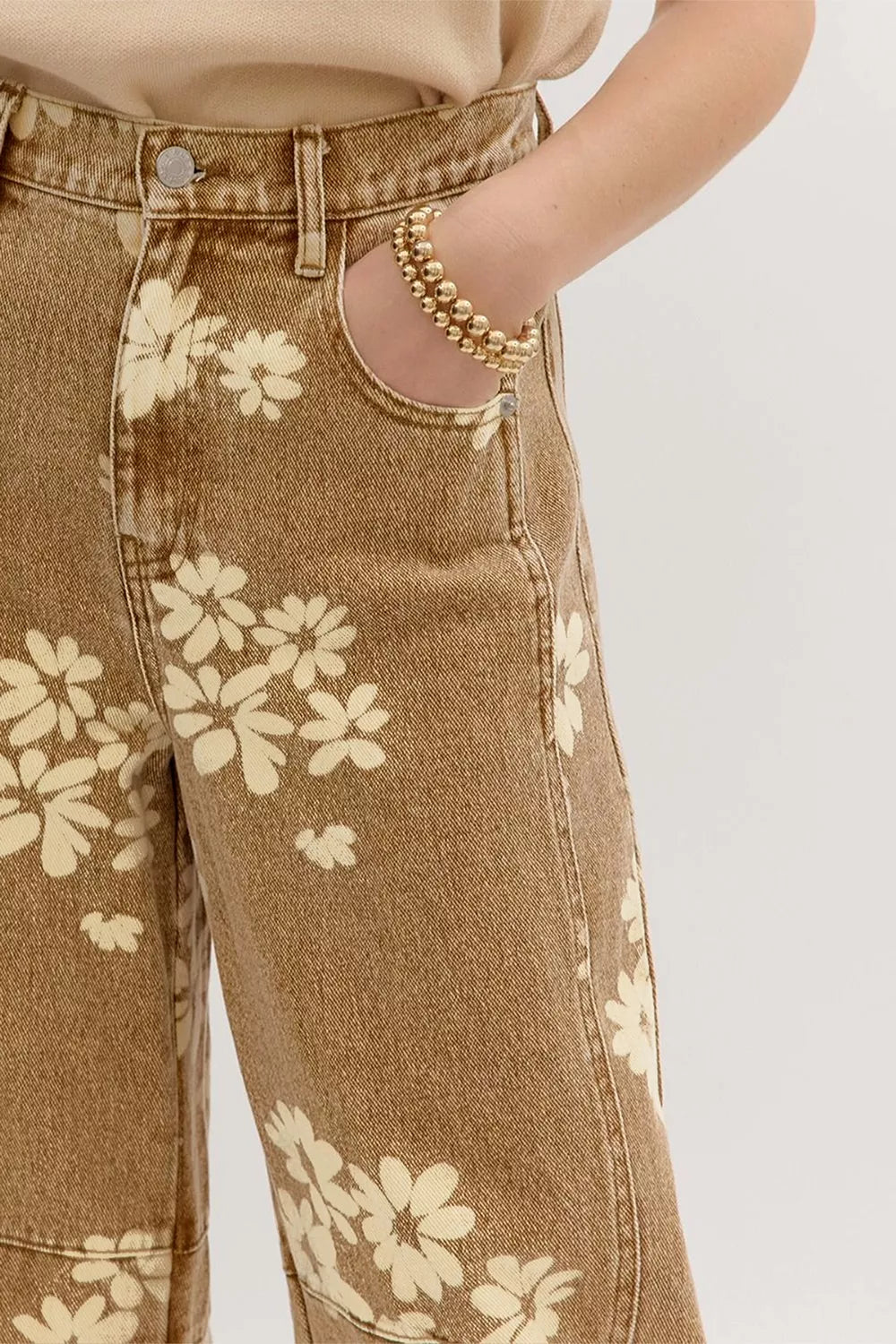 Floral Print Metal Button Pleated Straight Leg Jeans - Lilixa.store