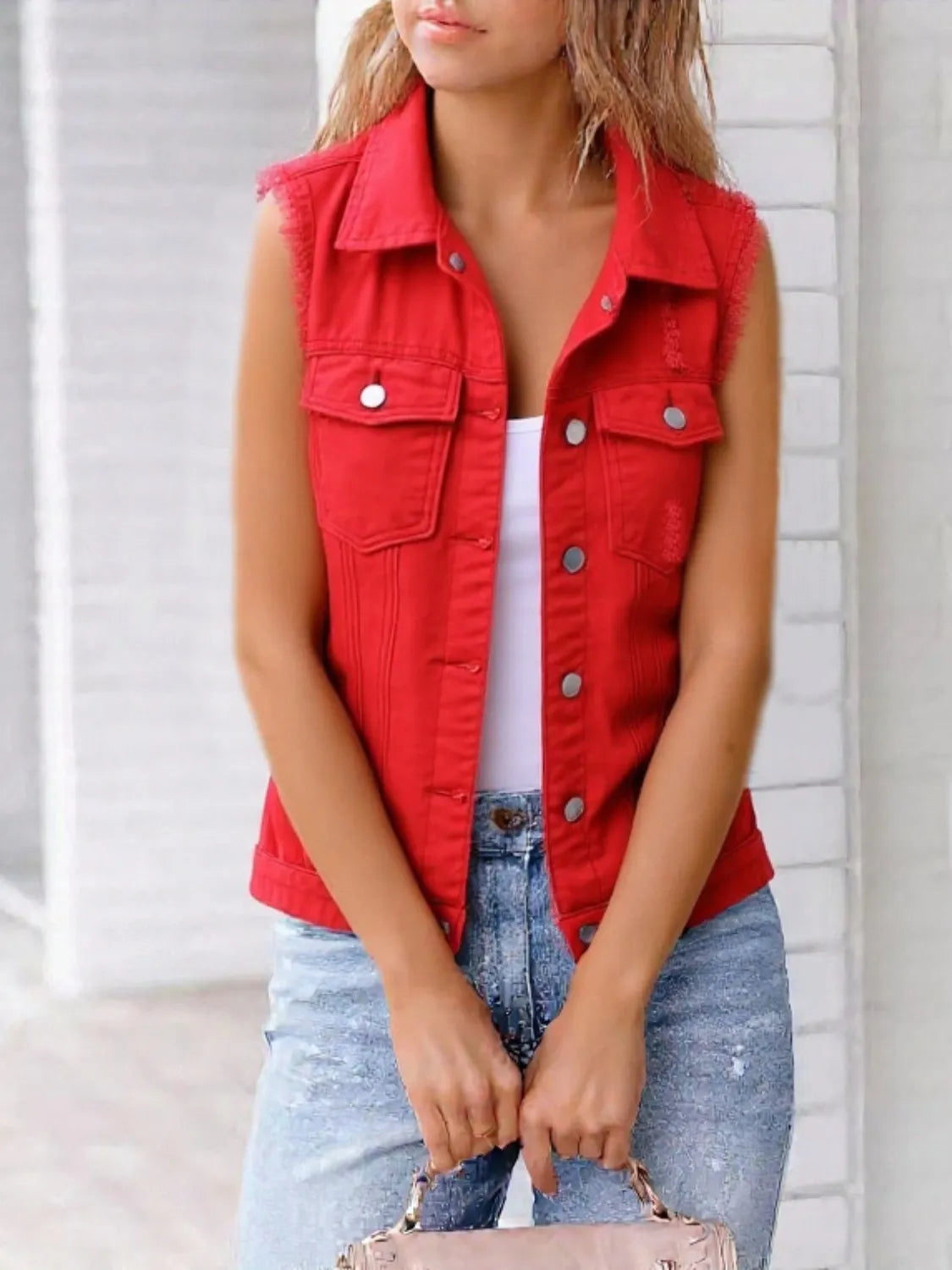 Full Size Sleeveless Frayed Denim Vest Jacket Plus Size in Red