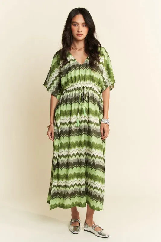 Davi & Dani Multi Color Wavy Tie Waist Flowy Sleeve Dress - Lilixa.store