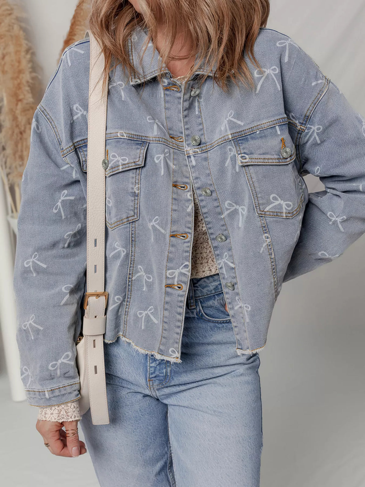 Bow Knot Print Light Wash Raw Hem Denim Jacket in Light Blue, view 3