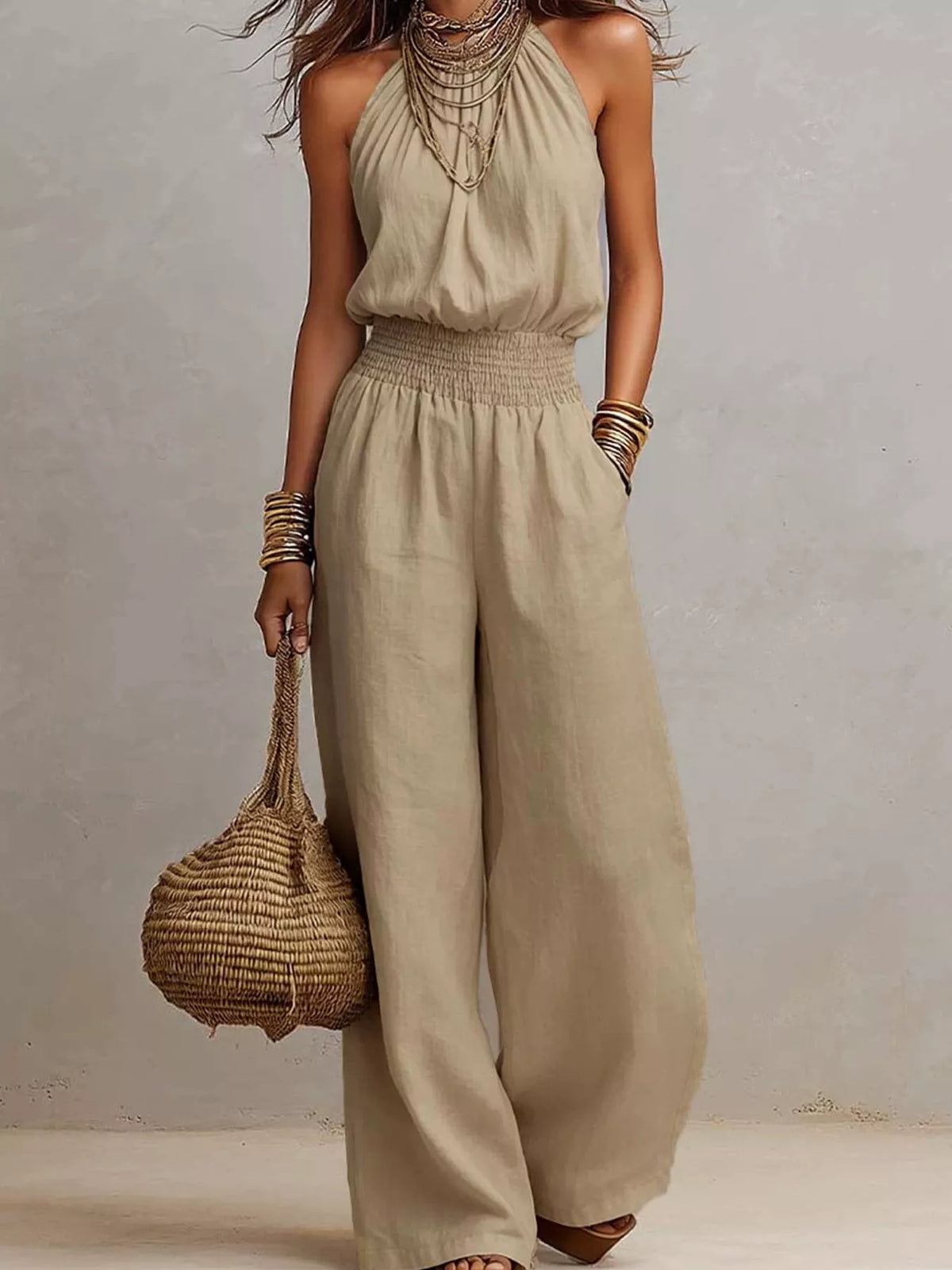 Halter Neck Wide-Leg Jumpsuit with Smocked Waist - Lilixa.store