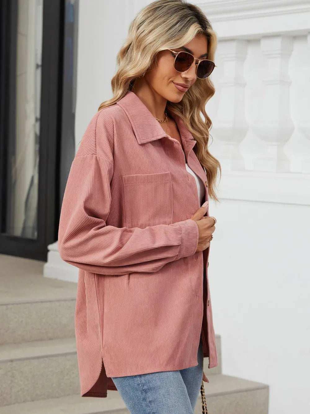Button Up Dropped Shoulder Long Sleeve Outerwear - Lilixa.store