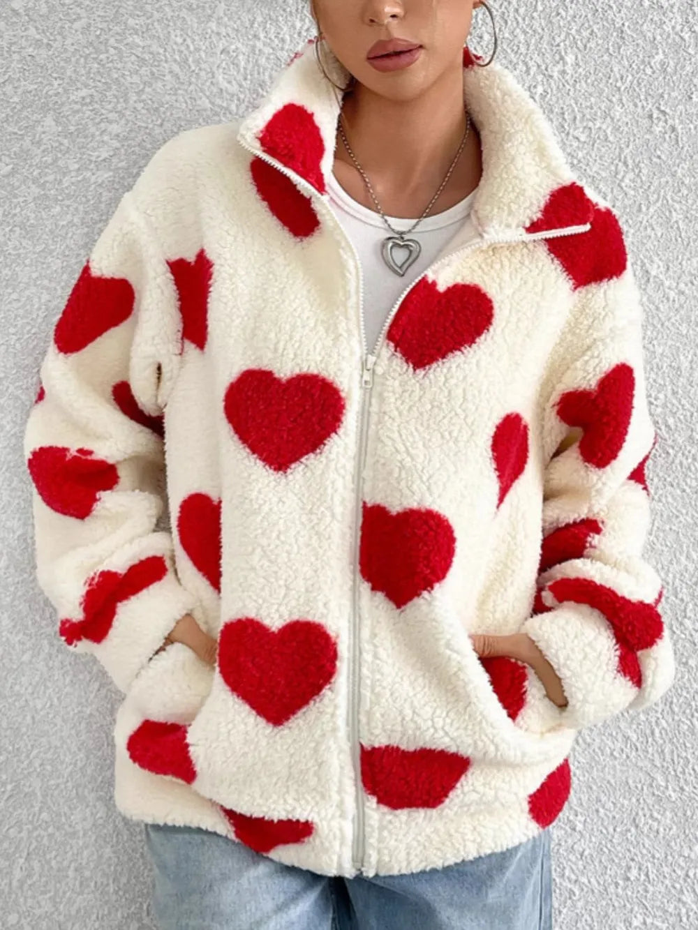 Heart Zip Up Drop Shoulder Furry Jacket in Red