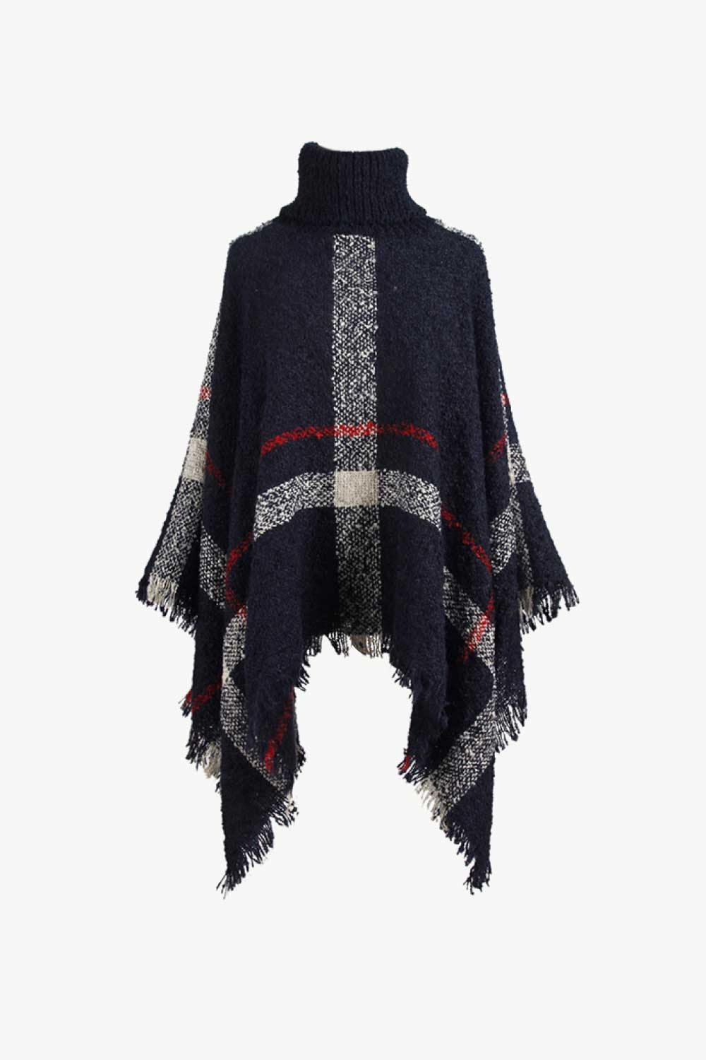 Plaid Turtleneck Raw Hem Poncho in Navy
