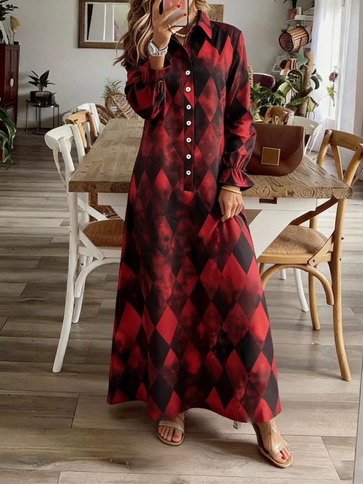 Argyle Print Button-Down Maxi Dress - Lilixa.store